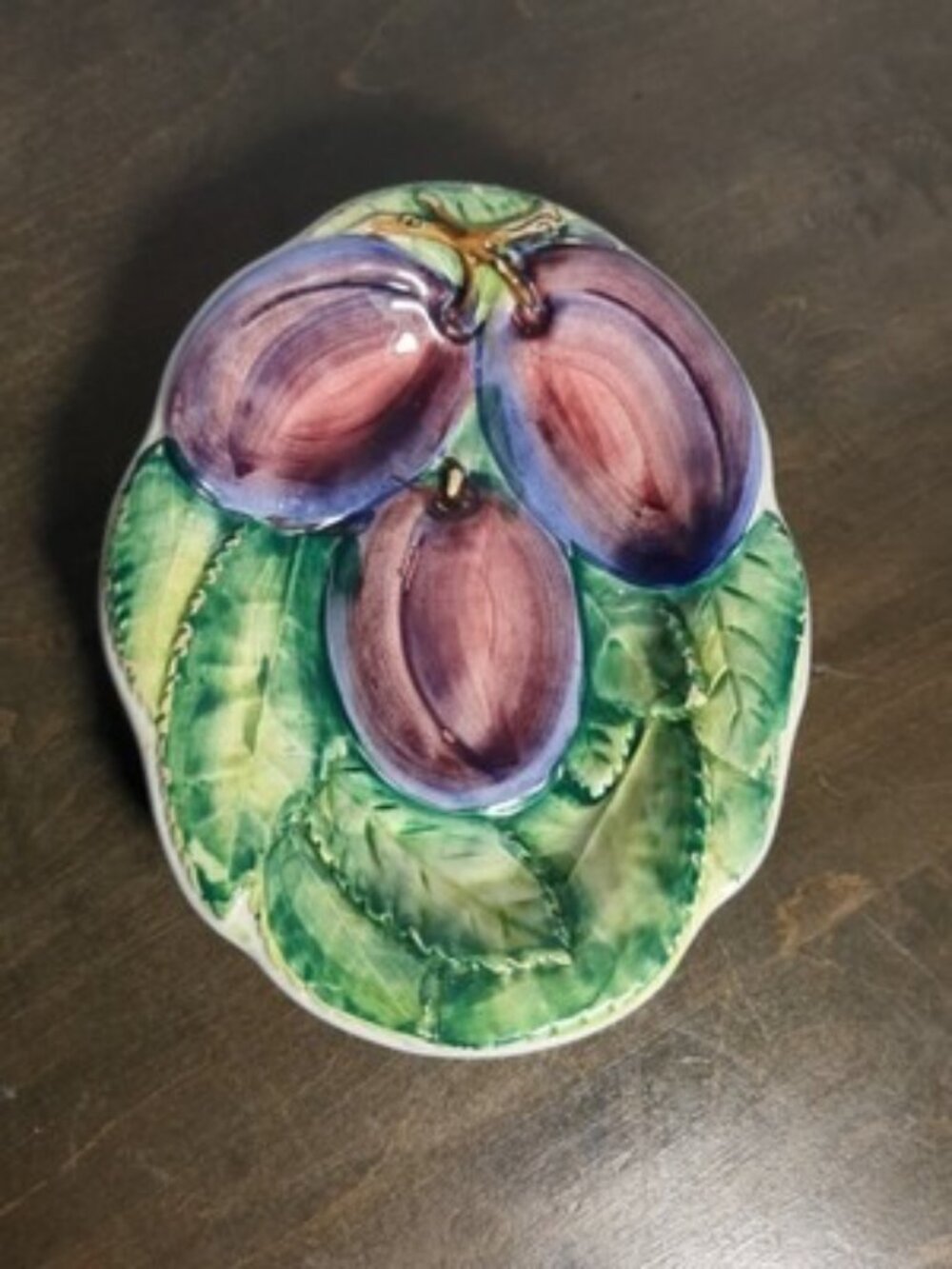 Vintage Italian Pottery Majolica Hand Painted Olive Dish Purple Plums